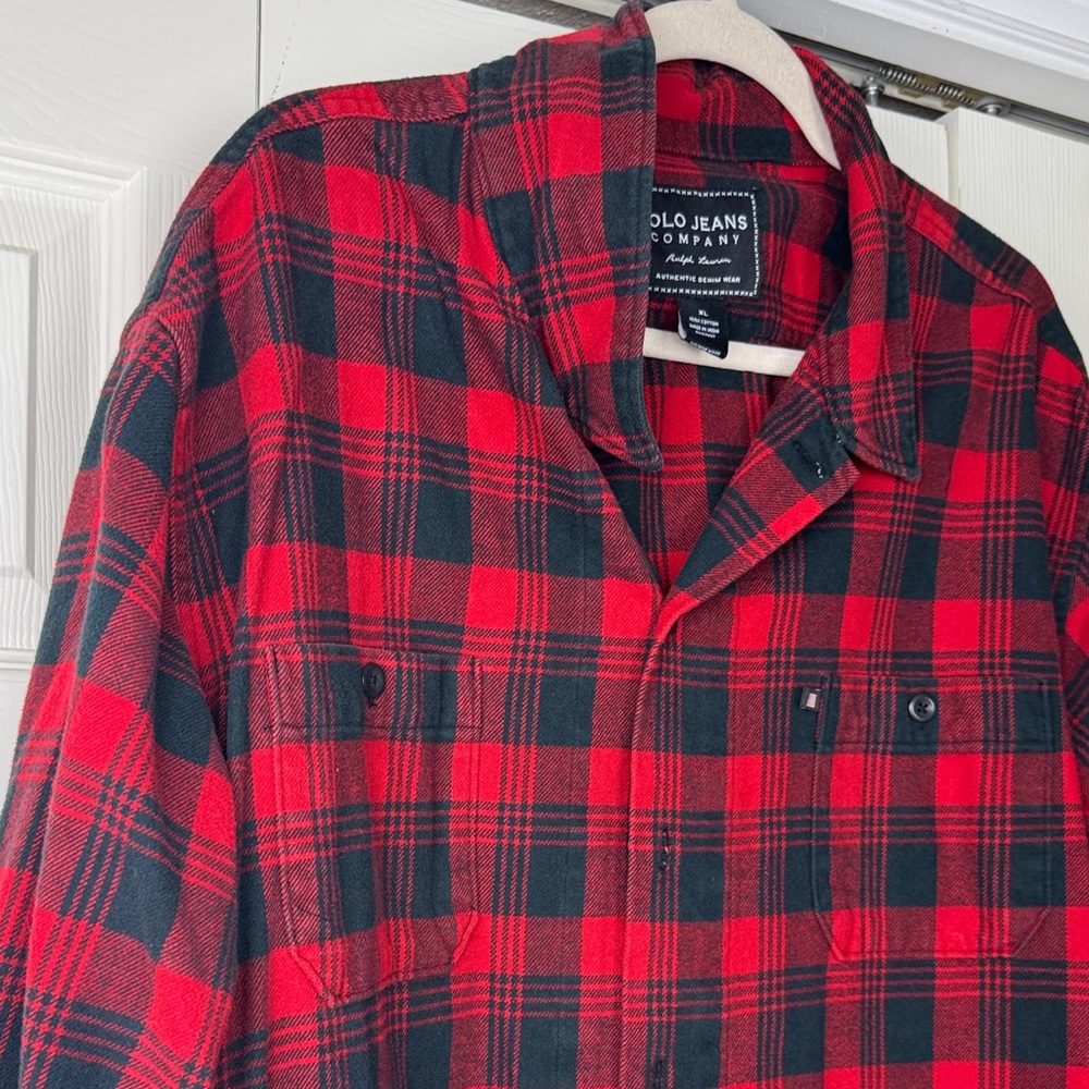 Vintage Polo Jeans Company Red and Black Plaid Men's Shirt - Picture 3 of 13